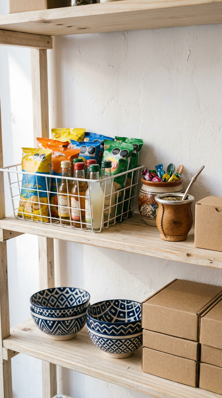 Pale wooden kiosk shelves with a wire basket of snacks, a mate gourd, blue and white bowls and cardboard boxes